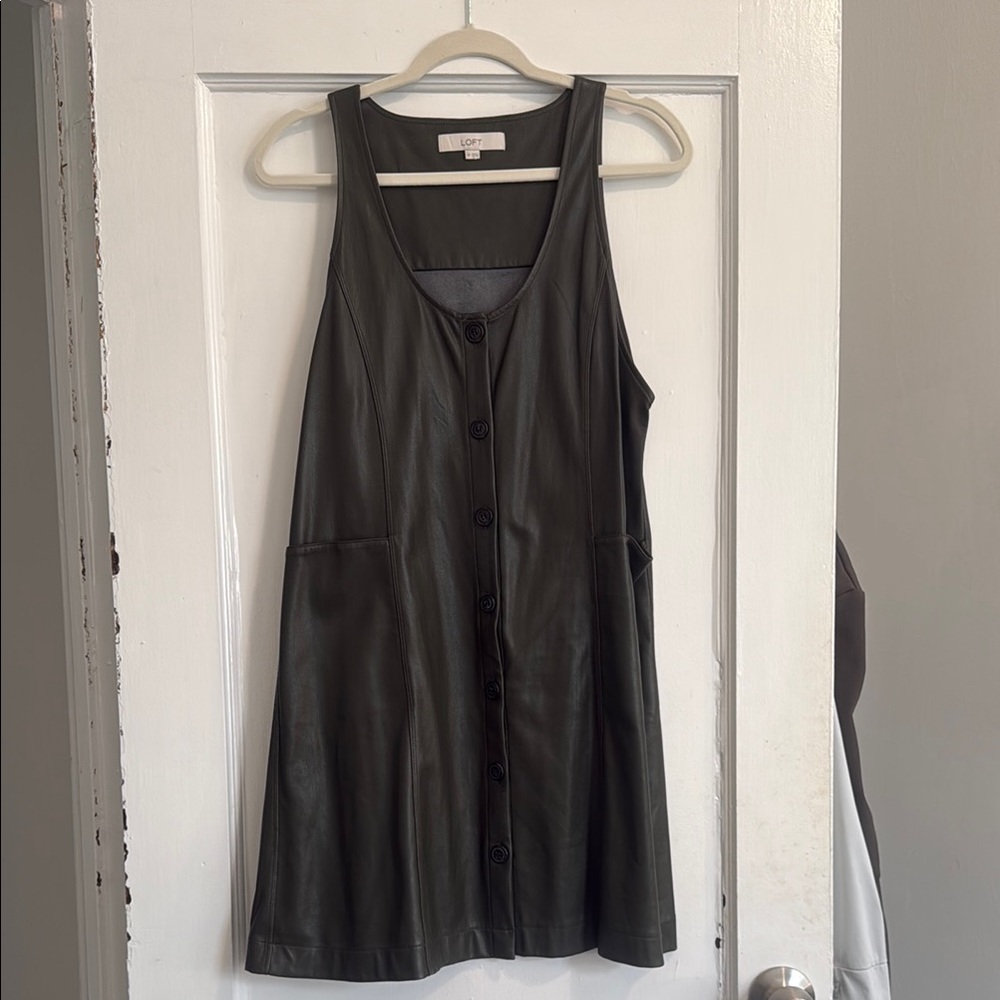 Olive Green Button-Down Faux Leather Sleeveless Dress